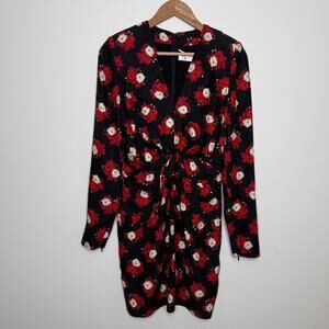 Saint Laurent Paris Silk Floral Mini Dress FR38 Black Red Rose Long Sleeve